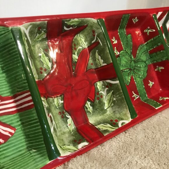 Oneida Ceramic Holiday Serving Tray Gift Box Design 4 Sections Red Green 18 X 6" - Picture 4 of 13